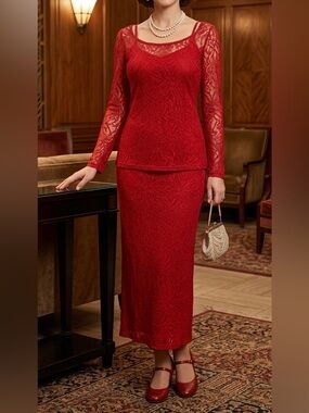 Vtg 90s Streetwear Red Lace 3-Piece Skirt Set S